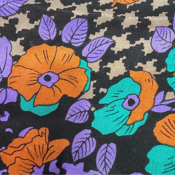 Vintage 80s 90s Square Silk Scarf Houndstooth Autumn Fall Leaves Rose Floral - Picture 7 of 14